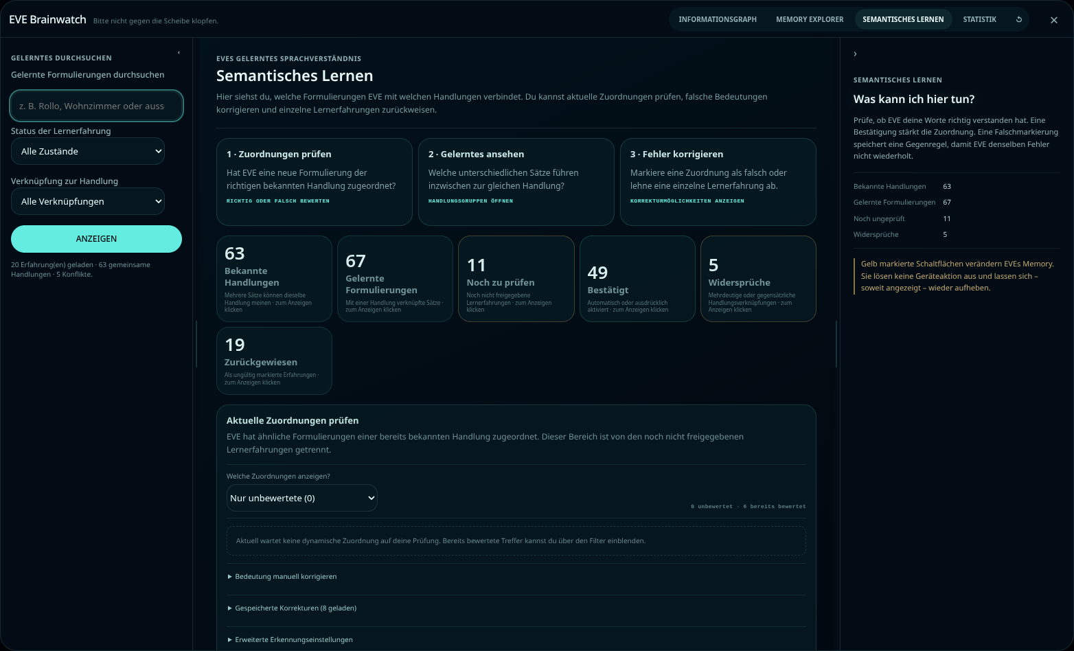 Semantische Lernansicht mit Handlungsgruppen, gelernten Formulierungen, Prüfstatus und Korrekturmöglichkeiten