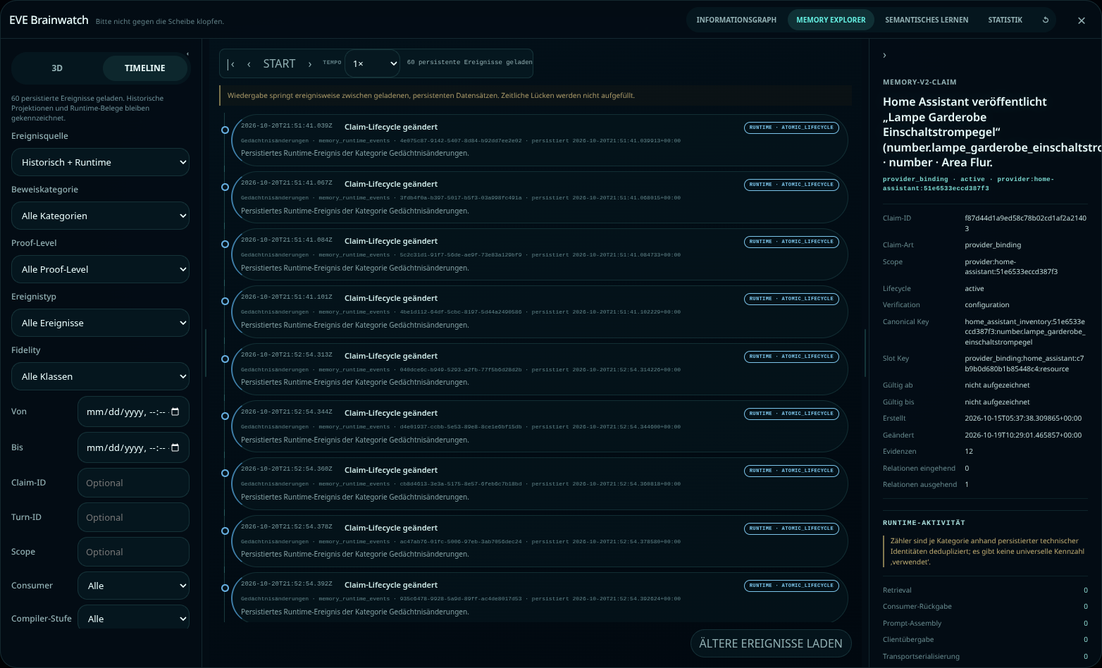 Memory-Timeline mit gespeicherten Lifecycle-Ereignissen, Zeitstempeln und Filtern für Herkunft und Proof-Level
