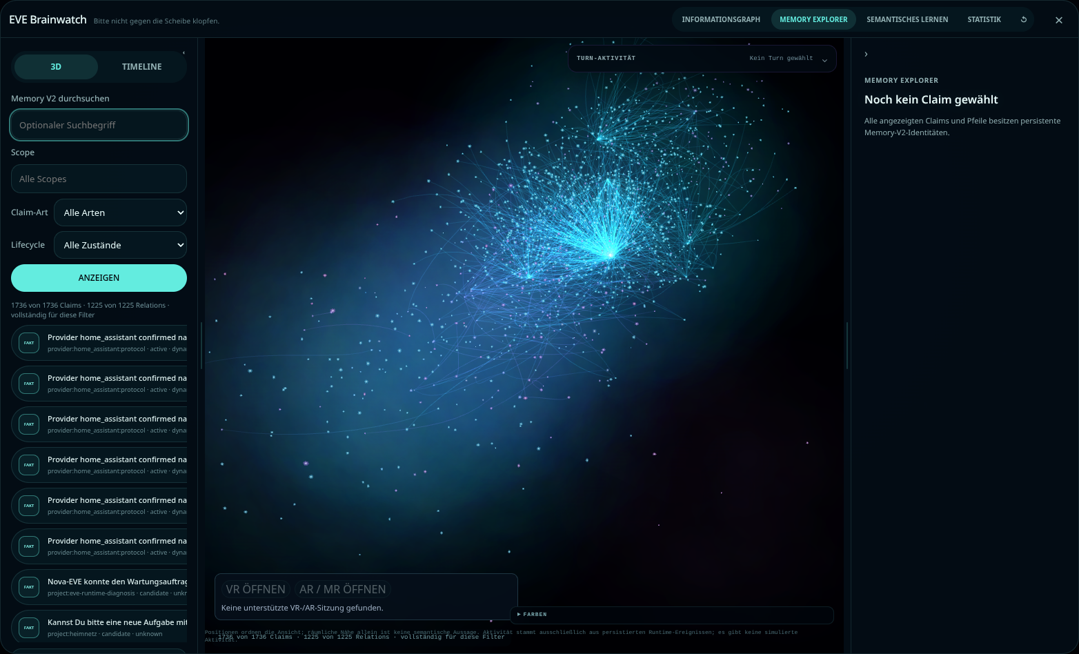 Brainwatch Memory Explorer mit der 3D-Wolke gespeicherter Claims und ihrer Verbindungen